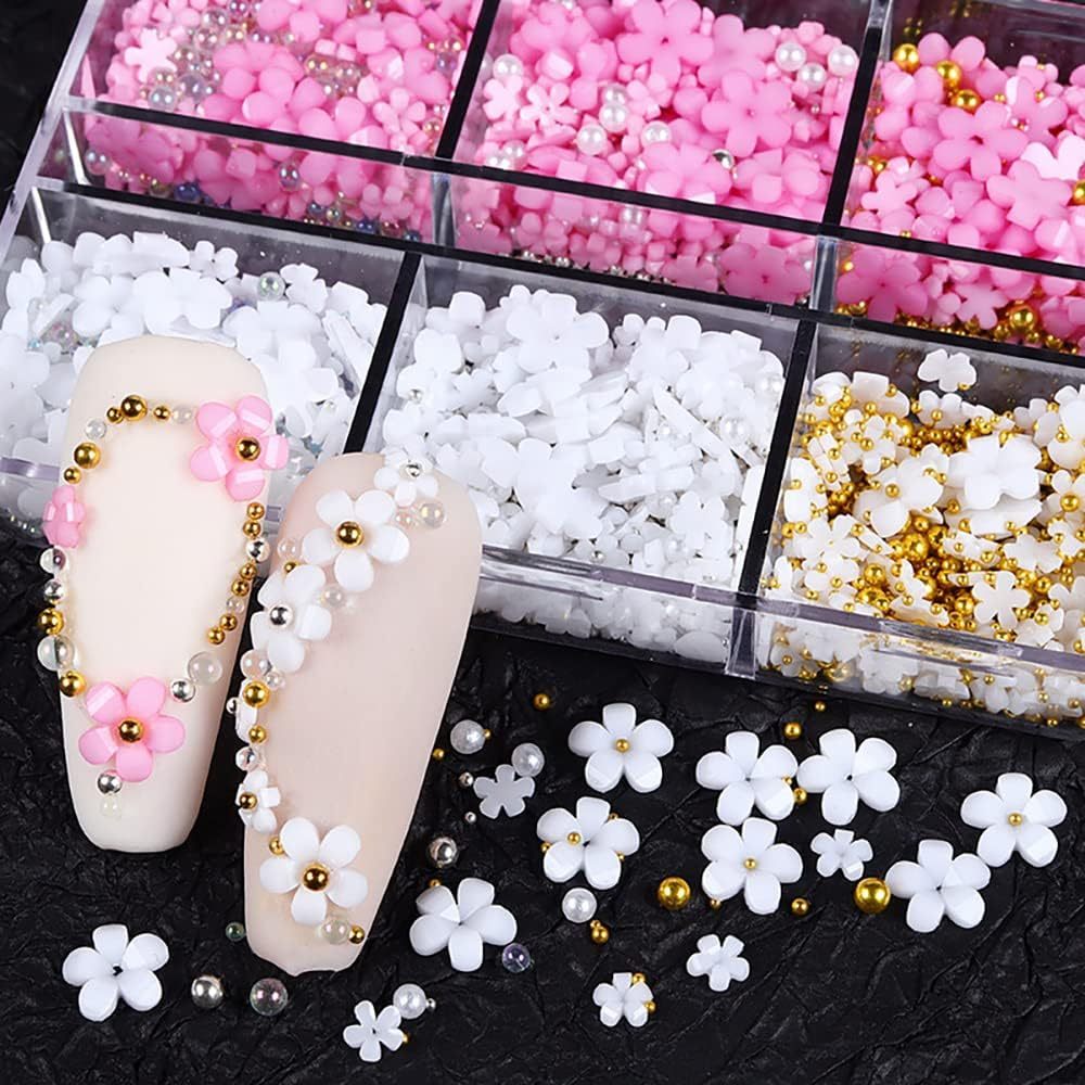 3D Flower Nail Charms, 4 Boxes 3D Acrylic Flower Nail Art Rhinestones White Pink Mixed Cherry Blossom Spring Gems Acrylic Nail Supplies with Pearls Manicure DIY Nail Decorations